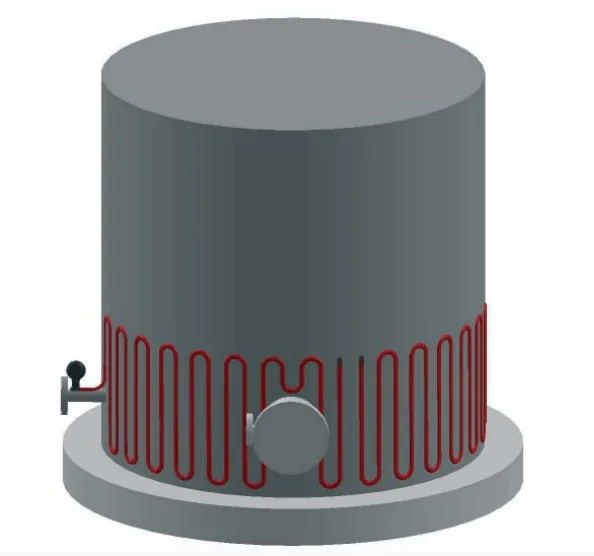Industrial tank heat tracing — heating cable spiralled around the body of a storage tank