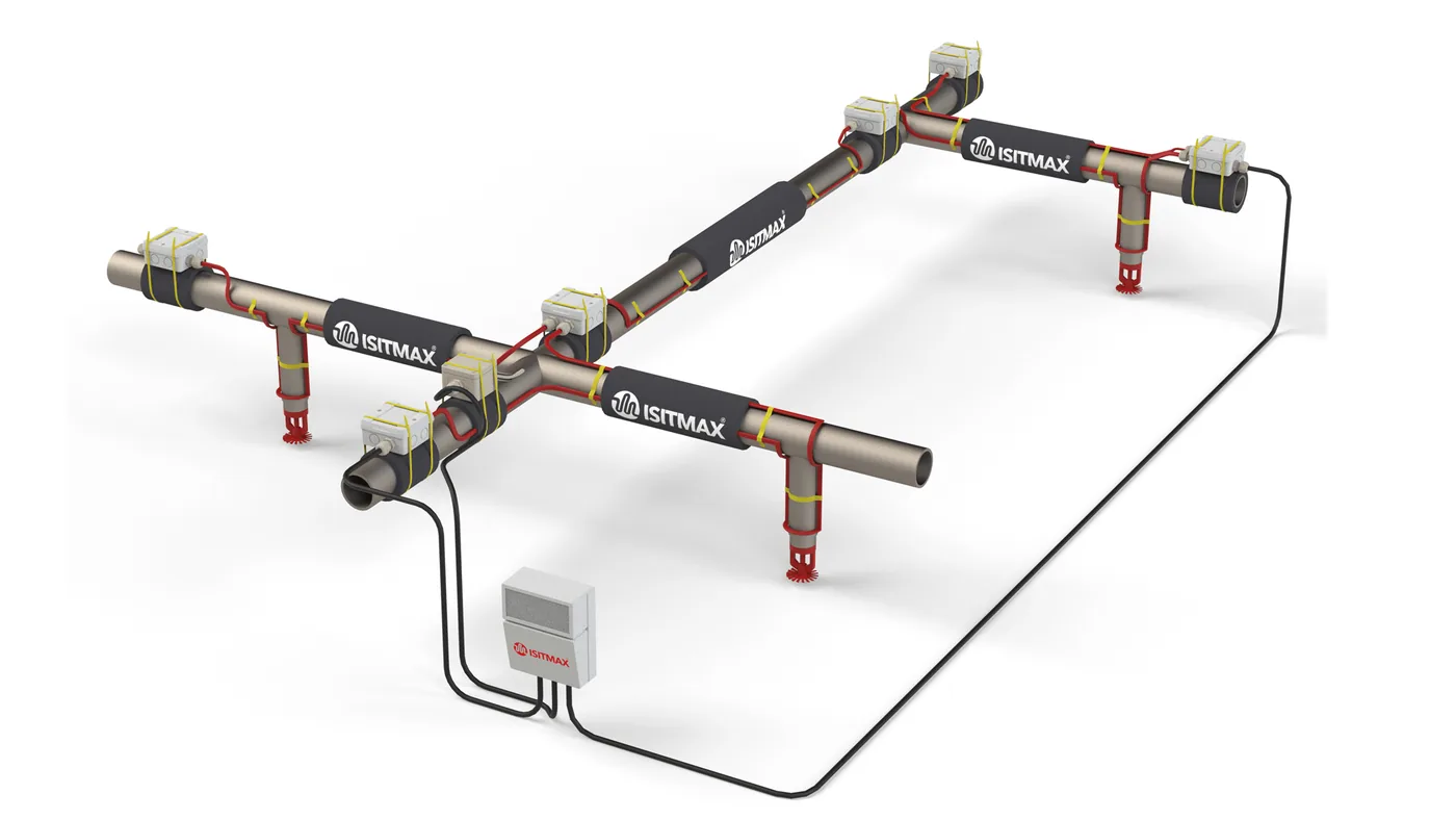 Sprinkler line frost protection cable — heating cable laid as a straight run along a fire-fighting pipe